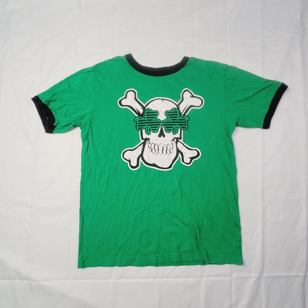 Childrens Place Boys Skull Shamrock Ringer T-Shirt XL 14 Green B73